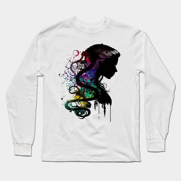 Colorful Silhouette of Woman with Tendrils Long Sleeve T-Shirt by daniel4510